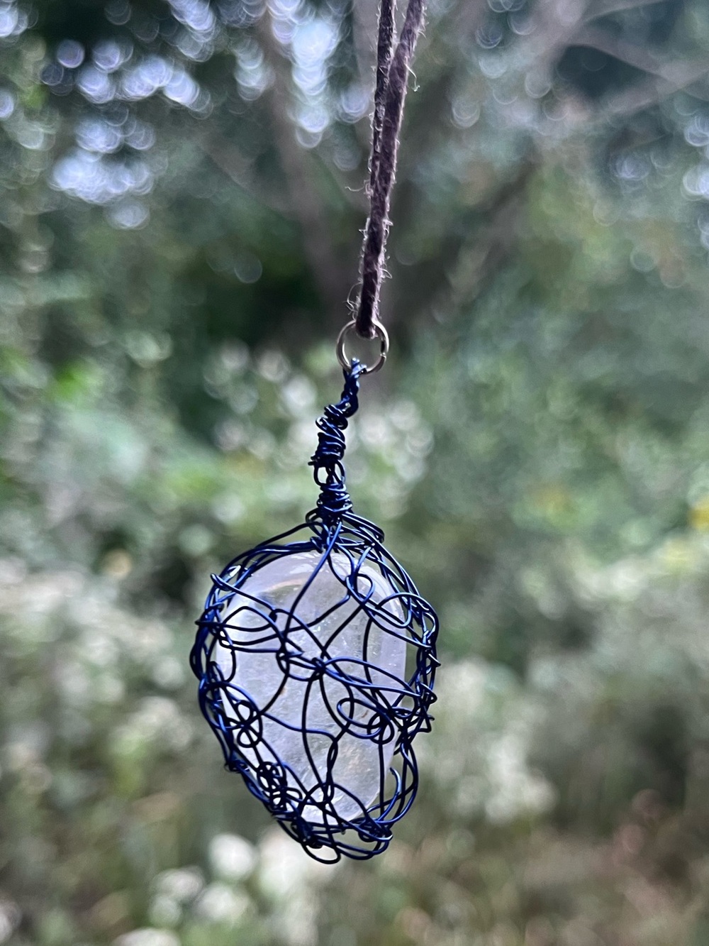Hand Crafted Blue Wire Wrapped Clear Crystal Pendant Necklace